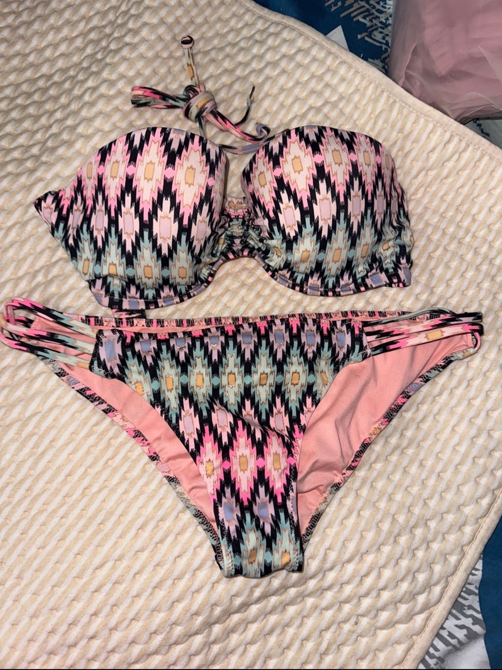 Victoria's Secret Pink Black Mint Aztec Bikini Top 34c small